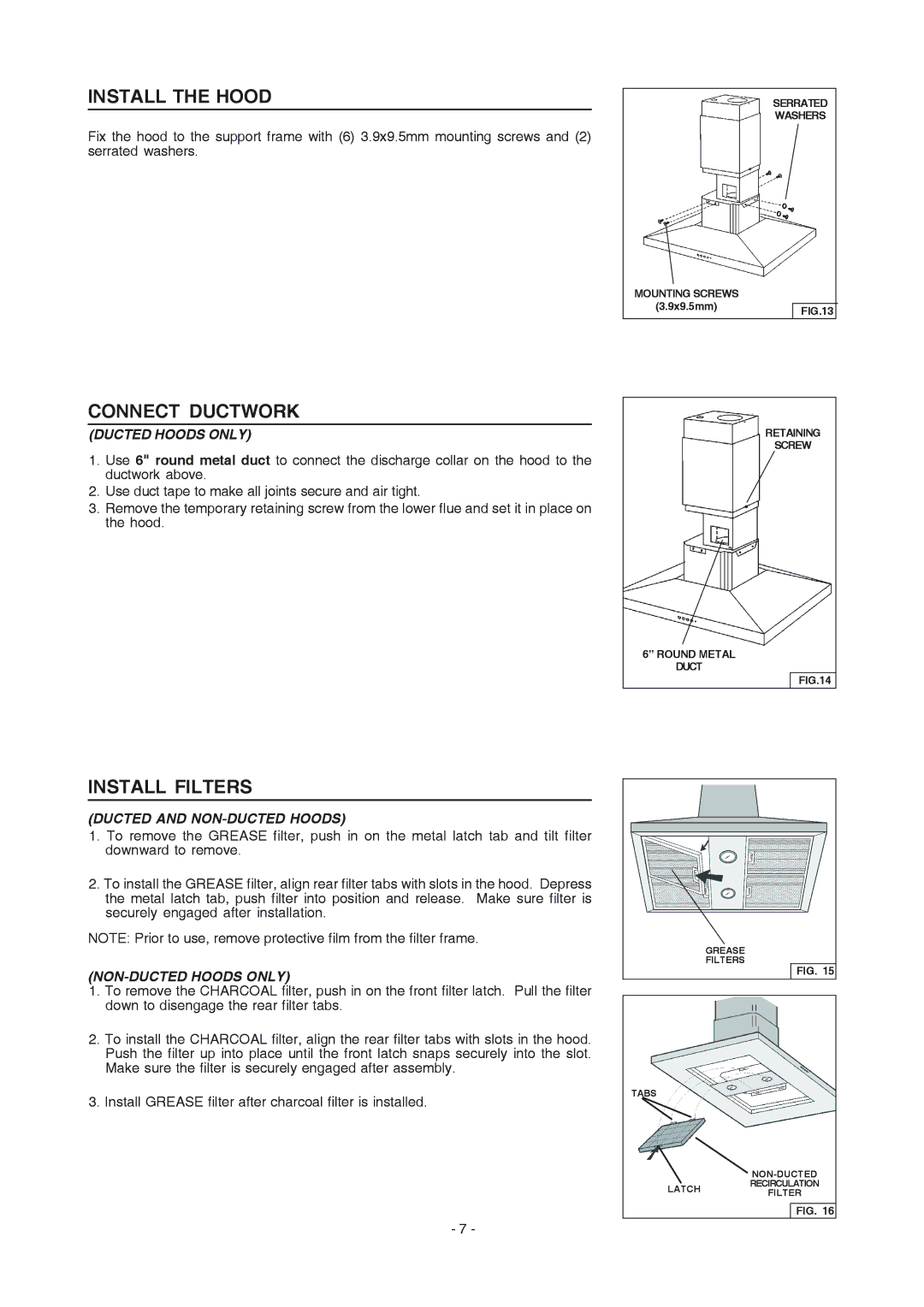 Frigidaire PL36PC50EC manual Install the Hood, Connect Ductwork, Install Filters, Ducted and NON-DUCTED Hoods 