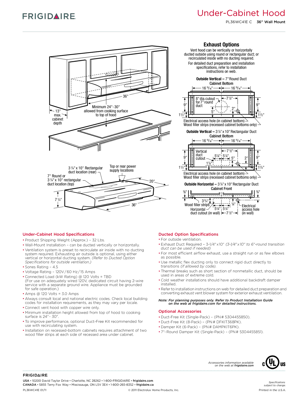 Frigidaire PL36WC41EC installation instructions Under-Cabinet Hood 