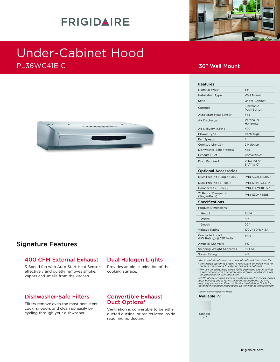 Frigidaire PL36WC41EC installation instructions UnderDrop-In-CabinetCooktopHood, PL36WC41EFPEC3085K SC, Signature Features 