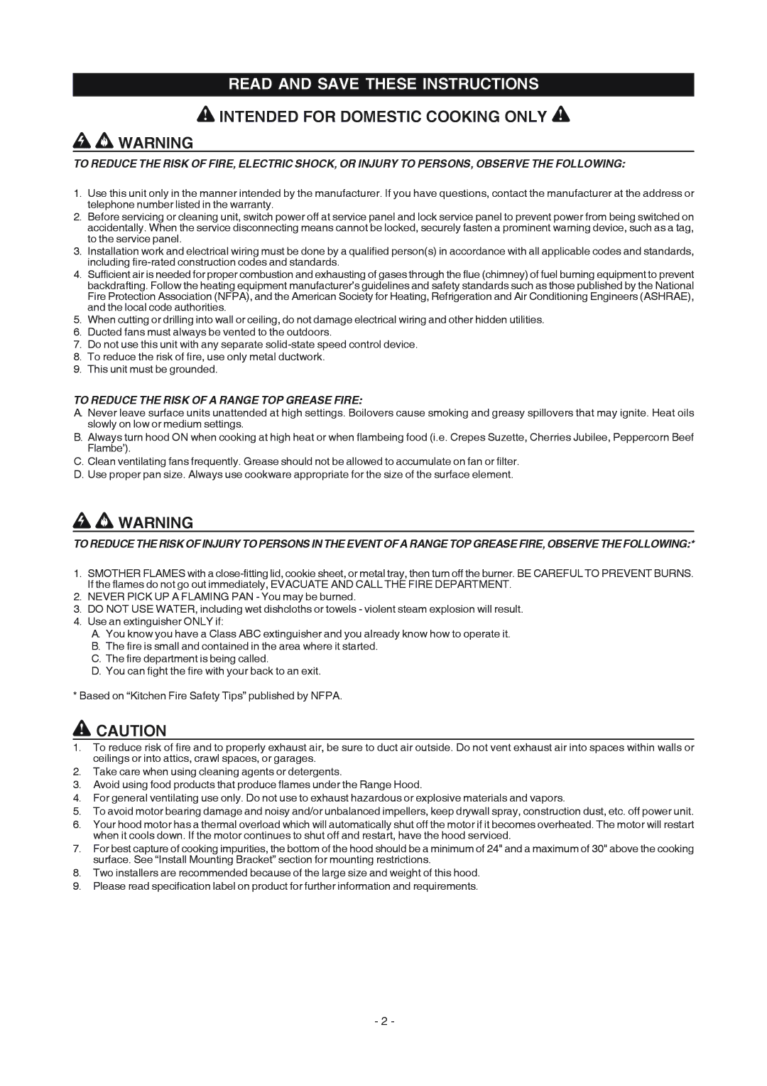 Frigidaire PL30WC51EC, PL42WC51EC, PL36WC51EC manual Read and Save These Instructions, Intended for Domestic Cooking only 