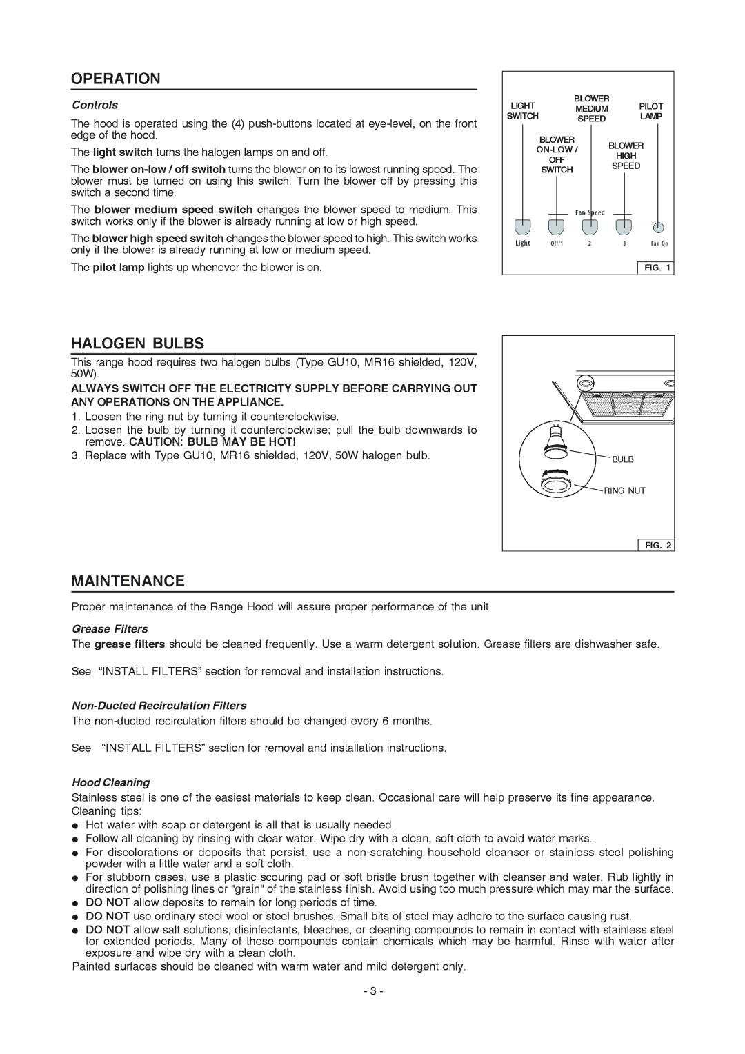 Frigidaire PL42WC51EC, PL36WC51EC, PL30WC51EC manual Operation, Halogen Bulbs, Maintenance 