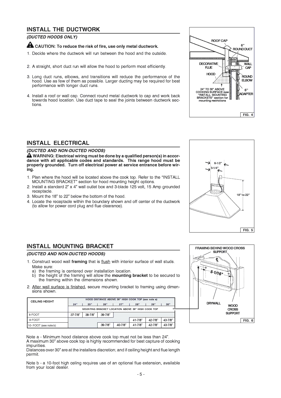 Frigidaire PL30WC51EC, PL42WC51EC Install the Ductwork, Install Electrical, Install Mounting Bracket, Ducted Hoods only 