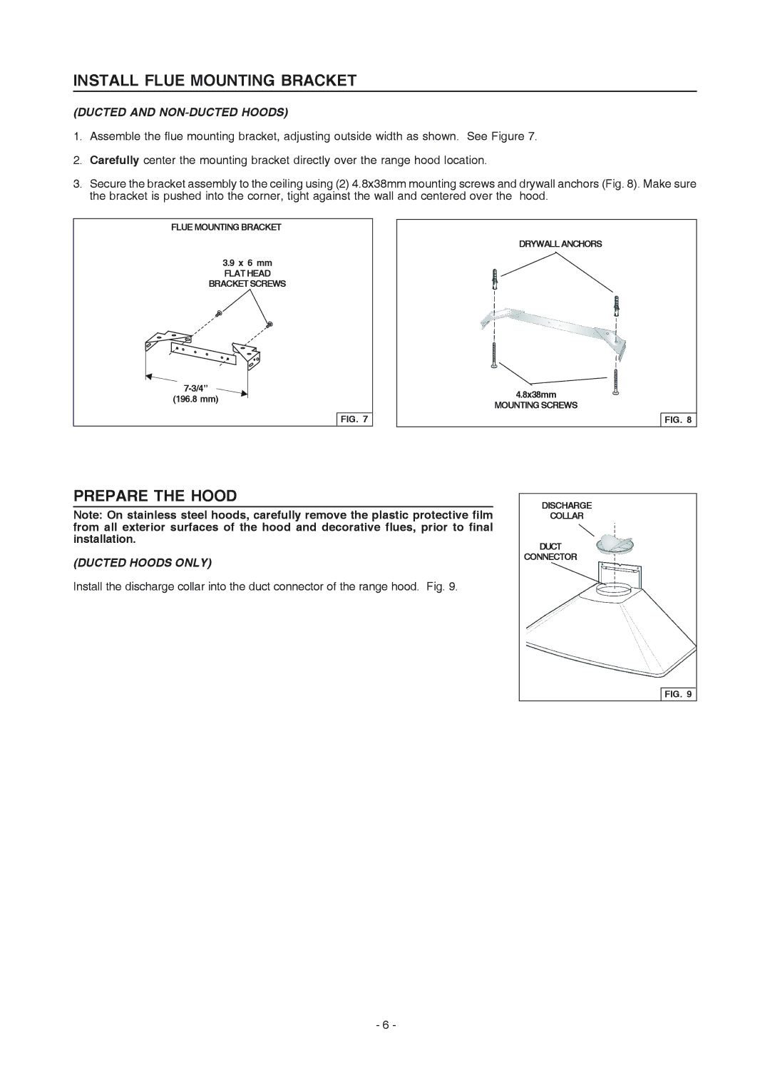 Frigidaire PL42WC51EC, PL36WC51EC, PL30WC51EC manual Install Flue Mounting Bracket 