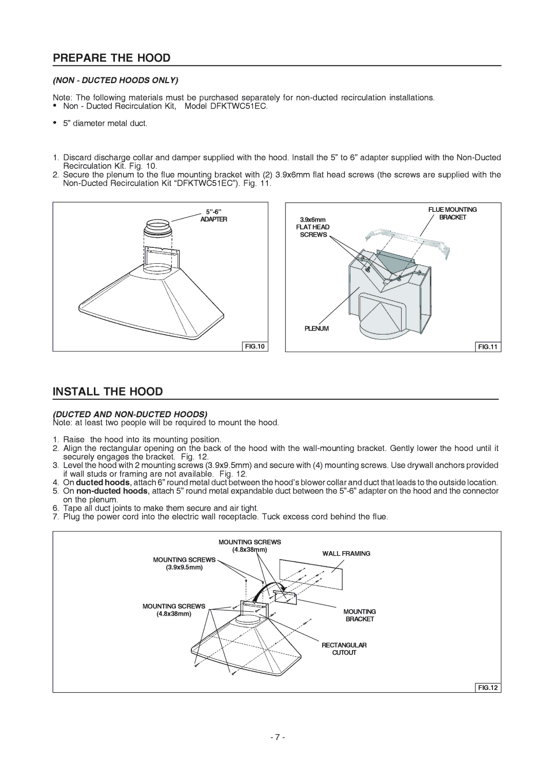 Frigidaire PL36WC51EC, PL42WC51EC, PL30WC51EC manual Install the Hood, NON Ducted Hoods only 