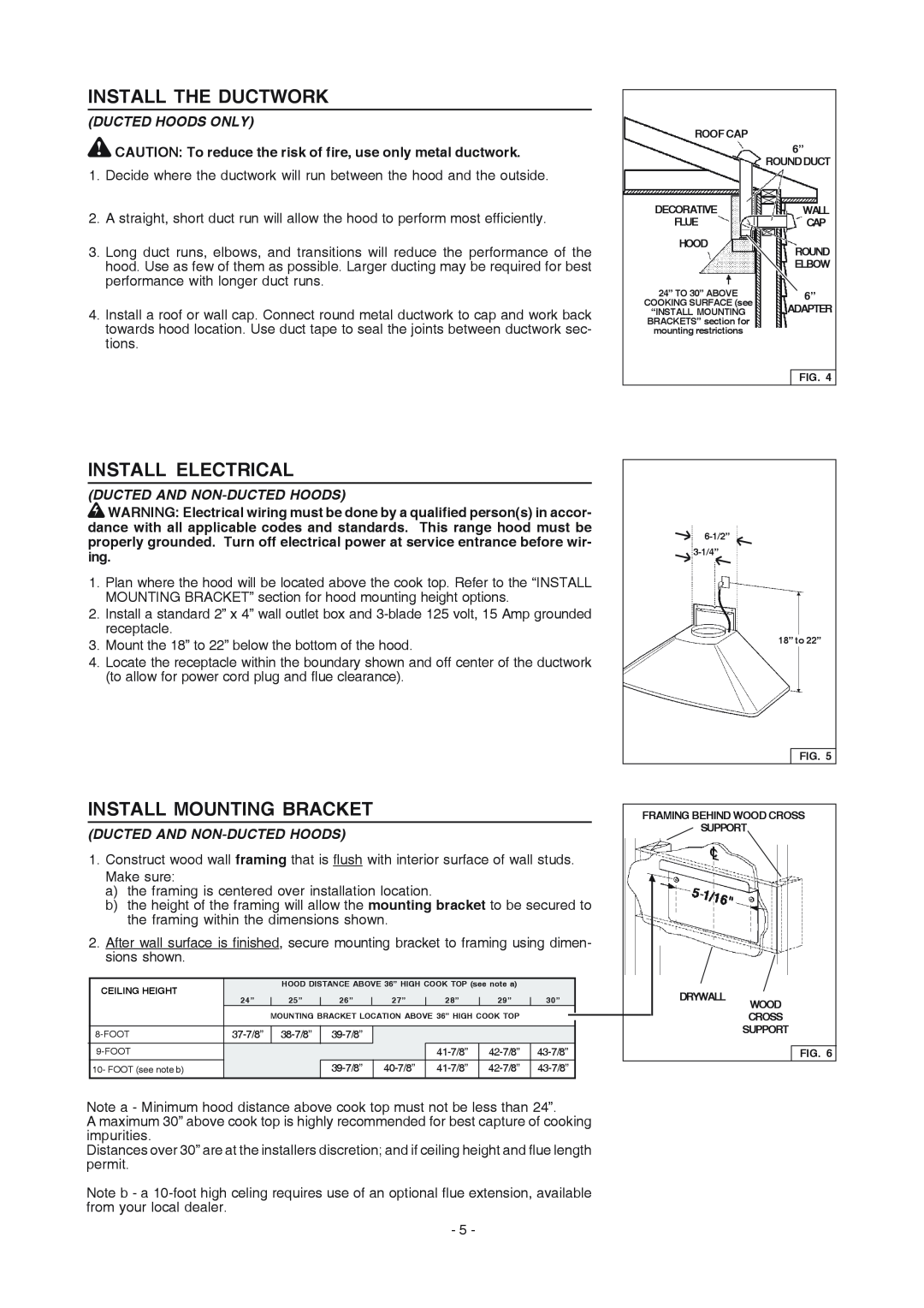 Frigidaire PL30WC51EC, PL42WC51EC Install The Ductwork, Install Electrical, Install Mounting Bracket, Ducted Hoods Only 