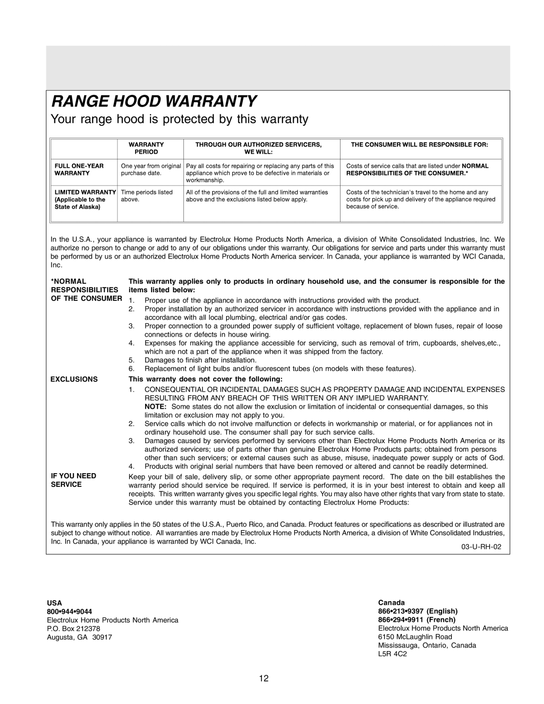 Frigidaire PLHV36W6KC important safety instructions Range Hood Warranty 