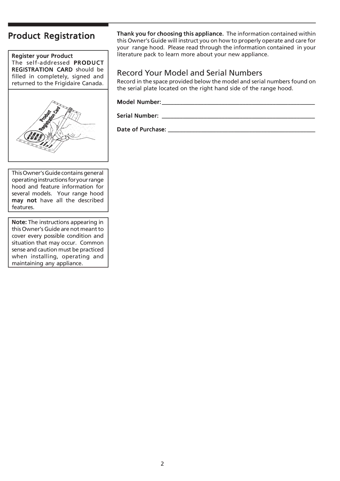 Frigidaire PLHV36W6KC Product Registration, Register your Product, Model Number Serial Number Date of Purchase 