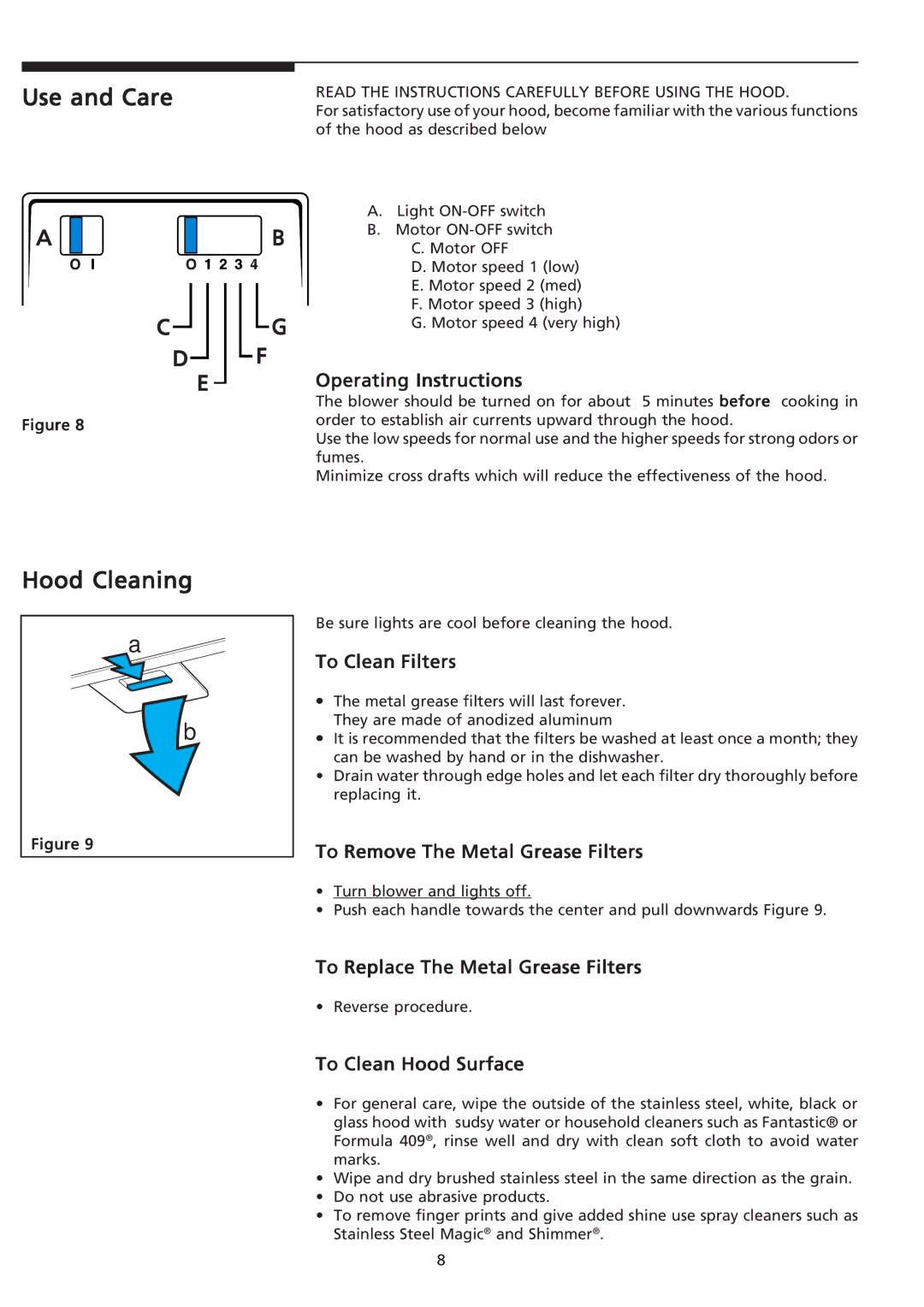 Frigidaire PLHV36W6KC important safety instructions Use and Care, Hood Cleaning 