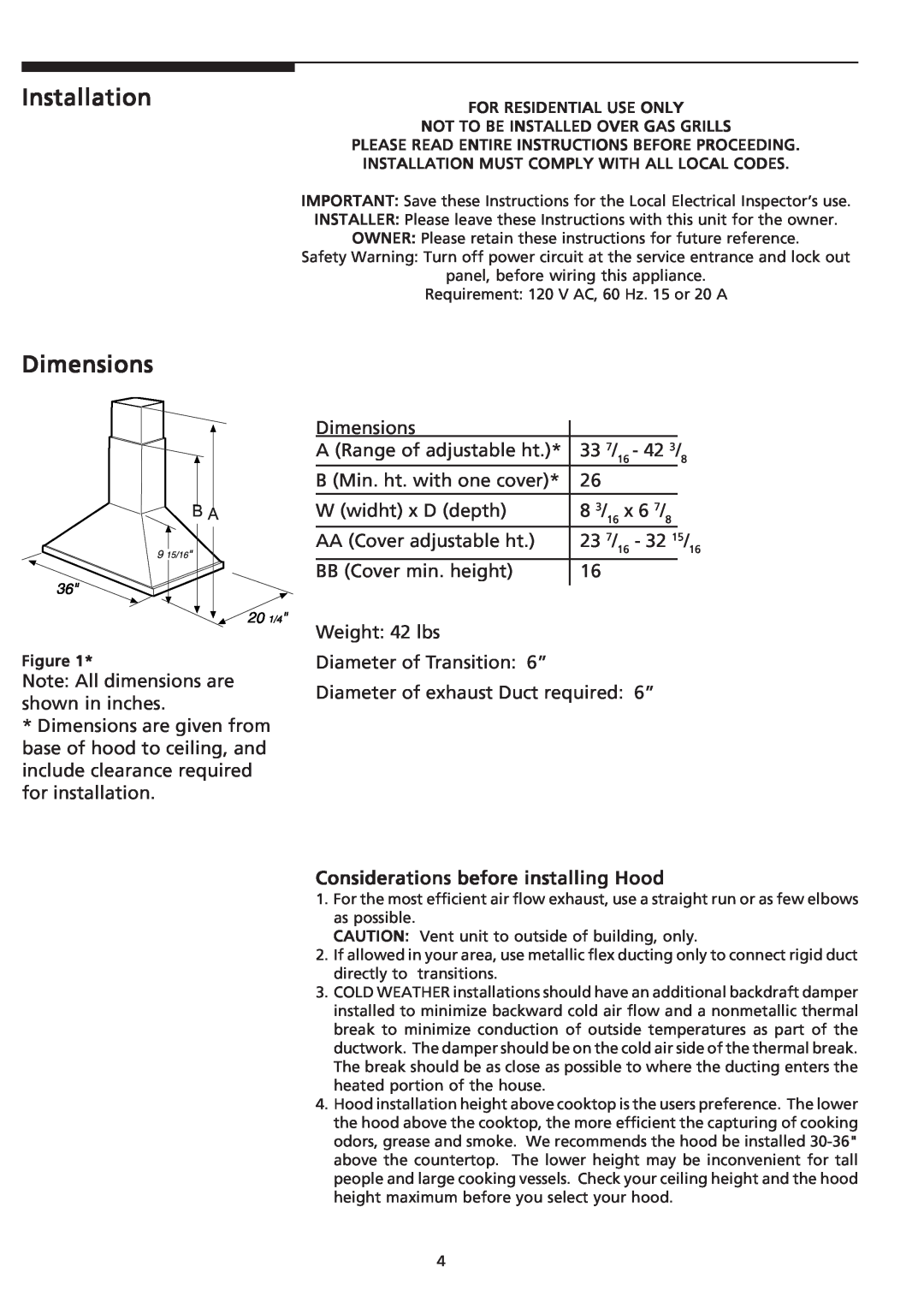 Frigidaire PLHV36W6KC important safety instructions Installation Dimensions, Considerations before installing Hood 