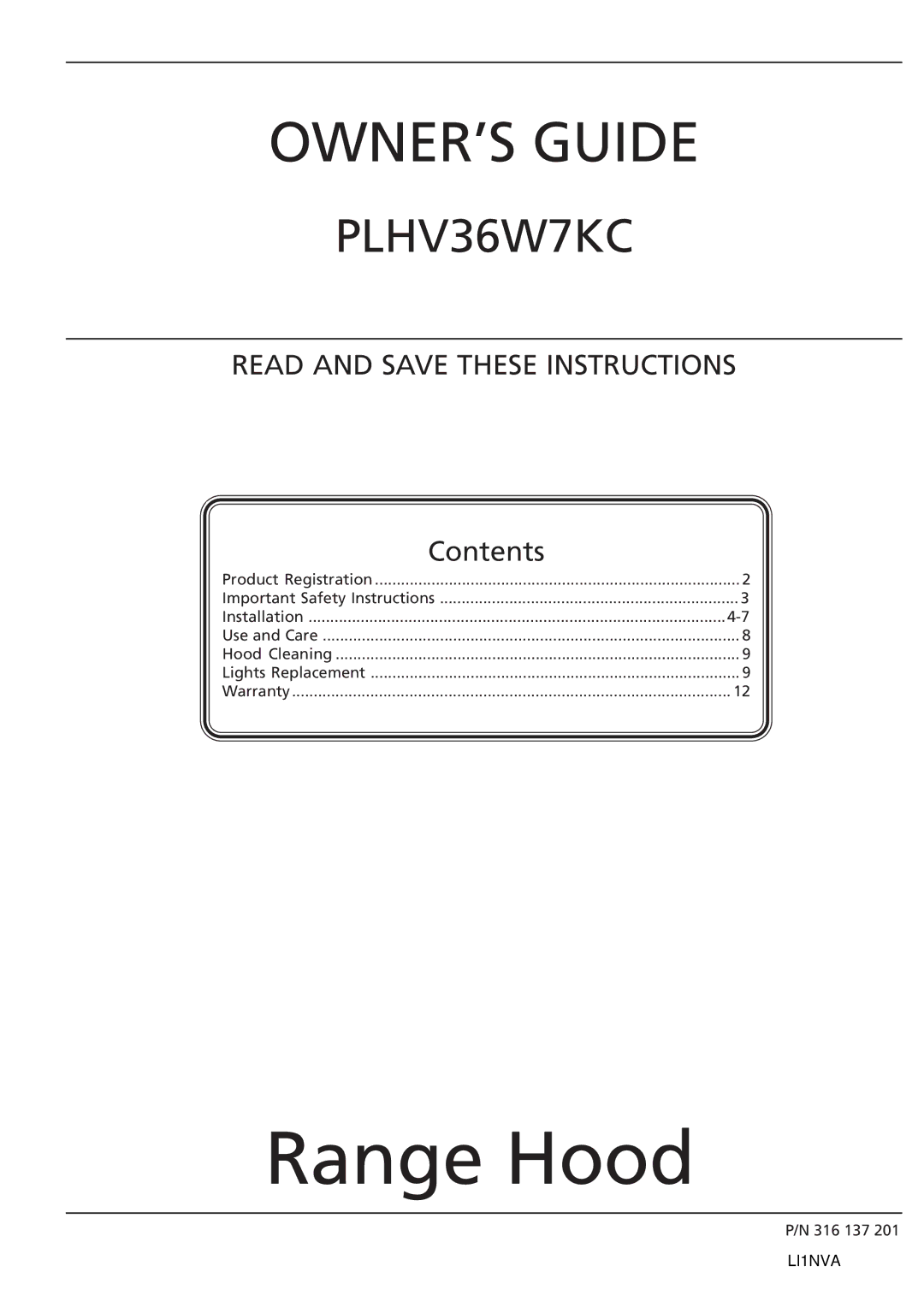 Frigidaire PLHV36W7KC important safety instructions Range Hood 