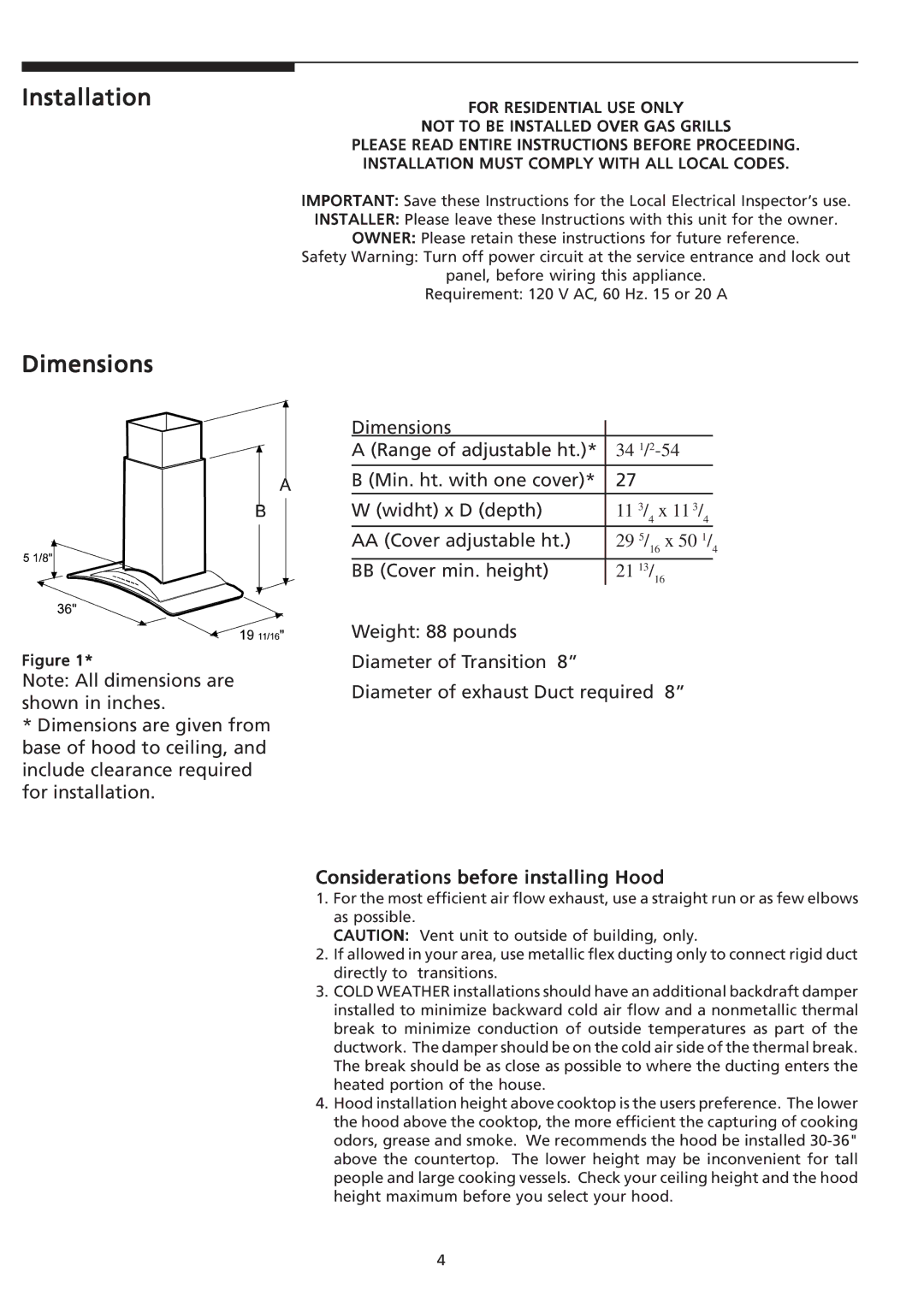 Frigidaire PLHV36W7KC important safety instructions Installation, Dimensions, Considerations before installing Hood 