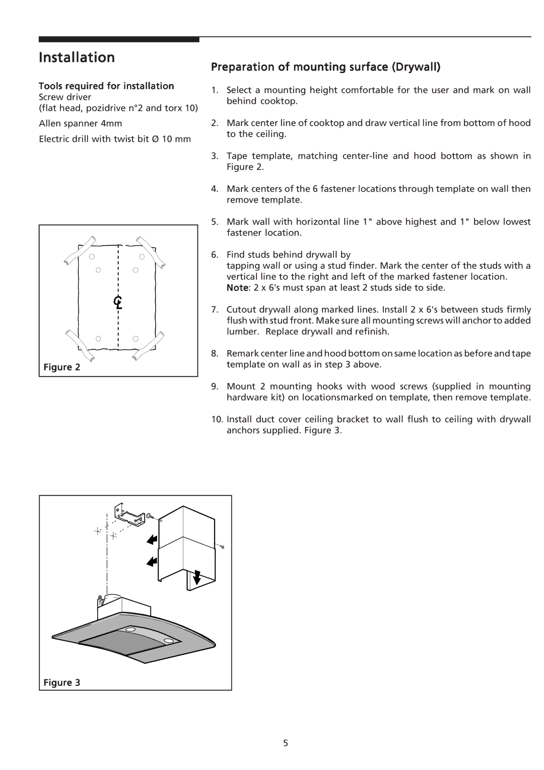 Frigidaire PLHV36W7KC important safety instructions Preparation of mounting surface Drywall 