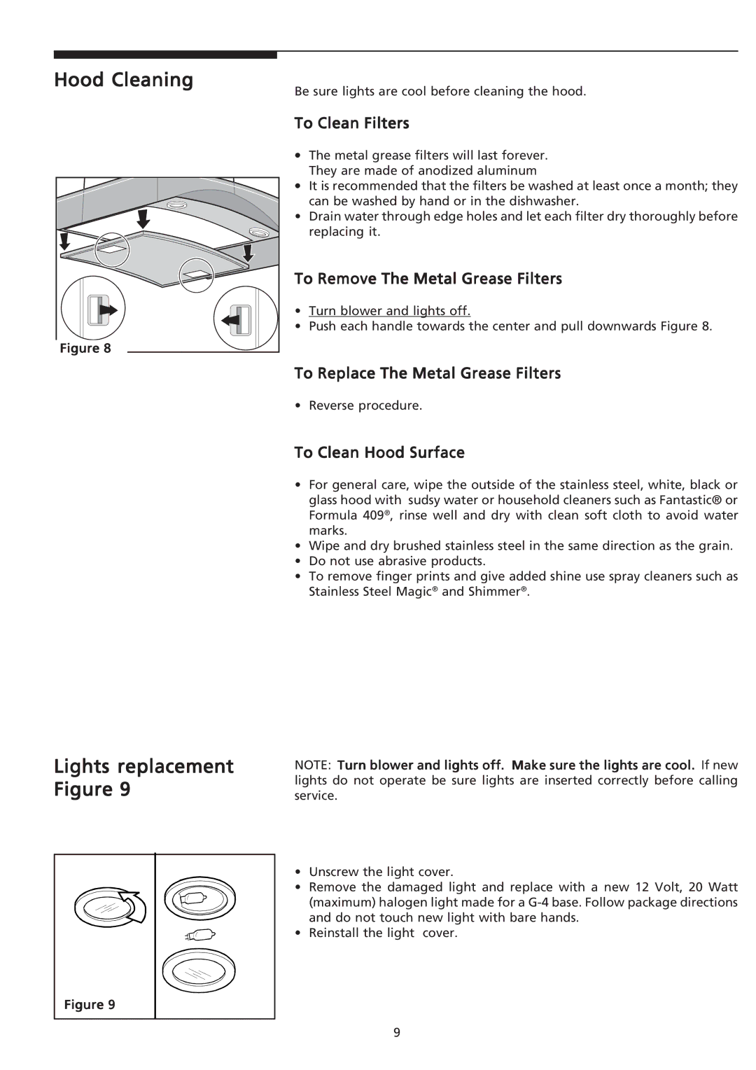 Frigidaire PLHV36W7KC important safety instructions Hood Cleaning, Lights replacement Figure 