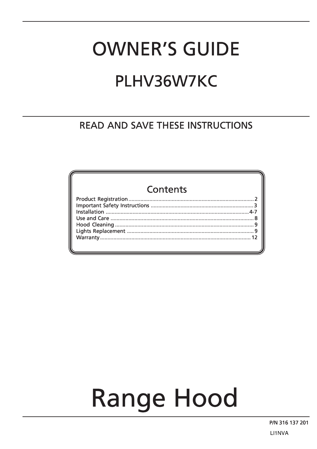 Frigidaire PLHV36W7KC important safety instructions Range Hood, Owner’S Guide, Read And Save These Instructions, Contents 