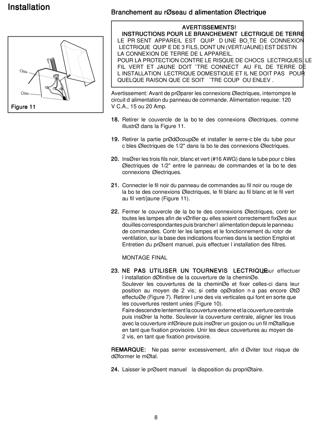 Frigidaire PLHV42P8KC important safety instructions Électrique d’alimentation réseau au Branchement Installation 