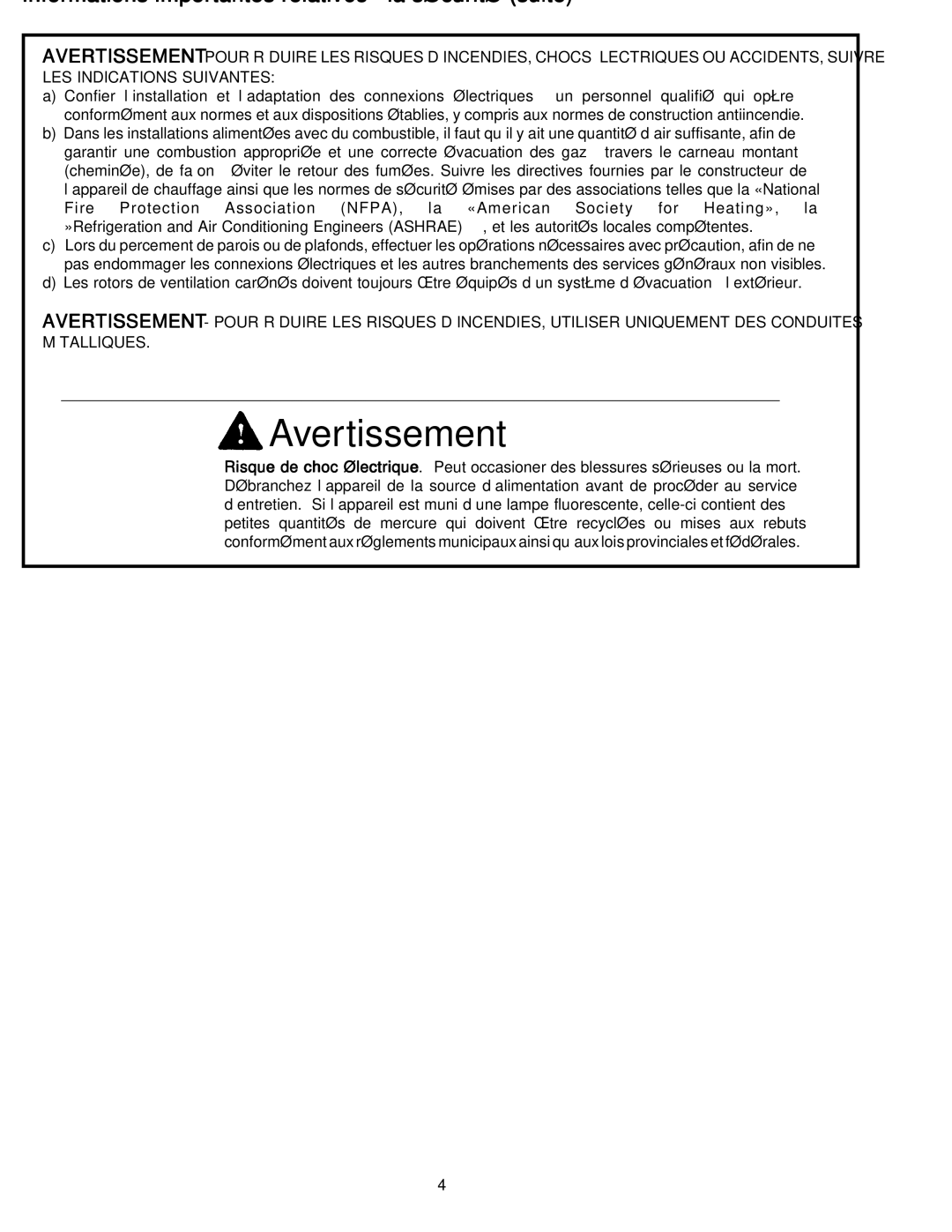 Frigidaire PLHV42P8KC important safety instructions Avertissement 