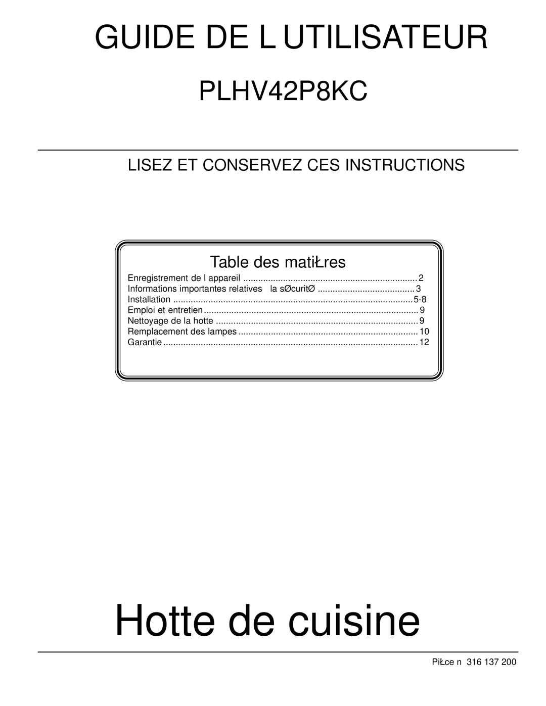 Frigidaire PLHV42P8KC important safety instructions Cuisine de Hotte 