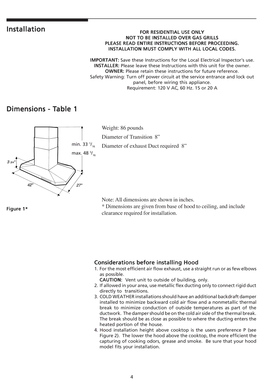 Frigidaire PLHV42P8KC important safety instructions Installation, Dimensions Table, Considerations before installing Hood 