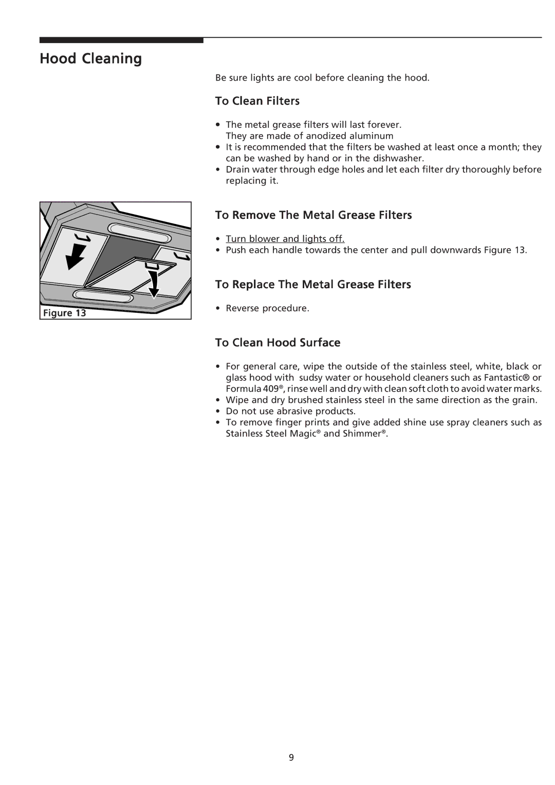 Frigidaire PLHV42P8KC Hood Cleaning, To Clean Filters, To Remove The Metal Grease Filters, To Clean Hood Surface 