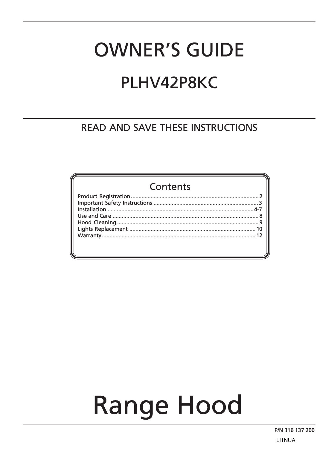 Frigidaire PLHV42P8KC important safety instructions Range Hood, Owner’S Guide, Read And Save These Instructions, Contents 