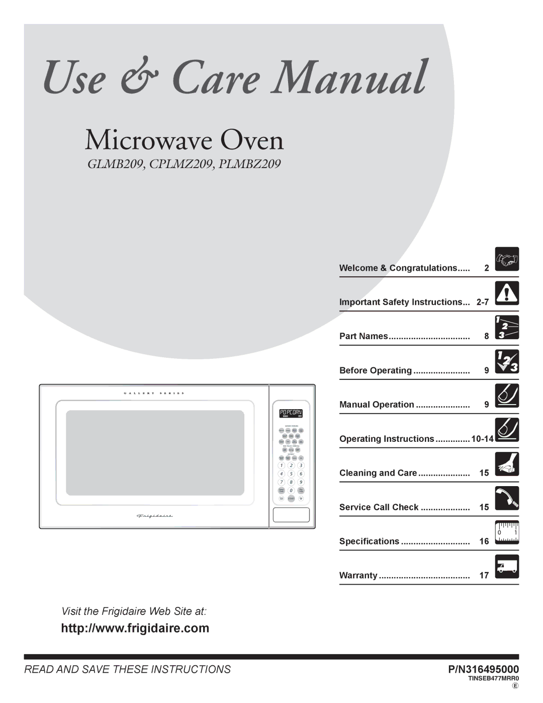 Frigidaire GLMB209 important safety instructions N316495000, Cleaning and Care Service Call Check Specifications Warranty 