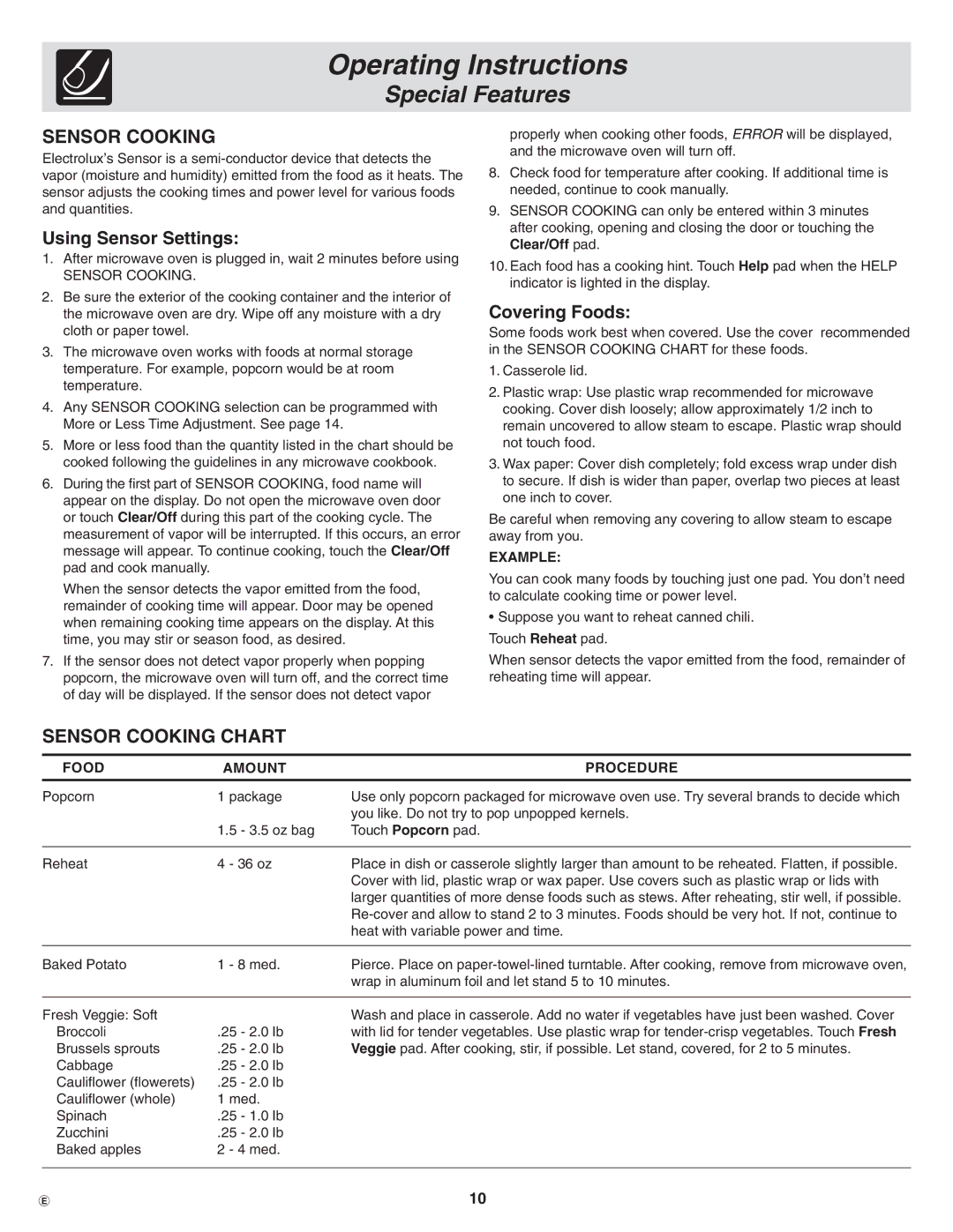 Frigidaire GLMB209, PLMBZ209 Operating Instructions, Sensor Cooking Chart, Using Sensor Settings, Covering Foods 