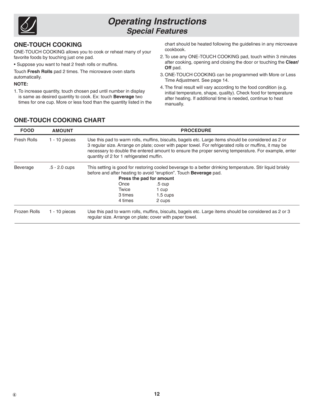 Frigidaire PLMBZ209, GLMB209, CPLMZ209 important safety instructions One-touch cooking Chart, Press the pad for amount 