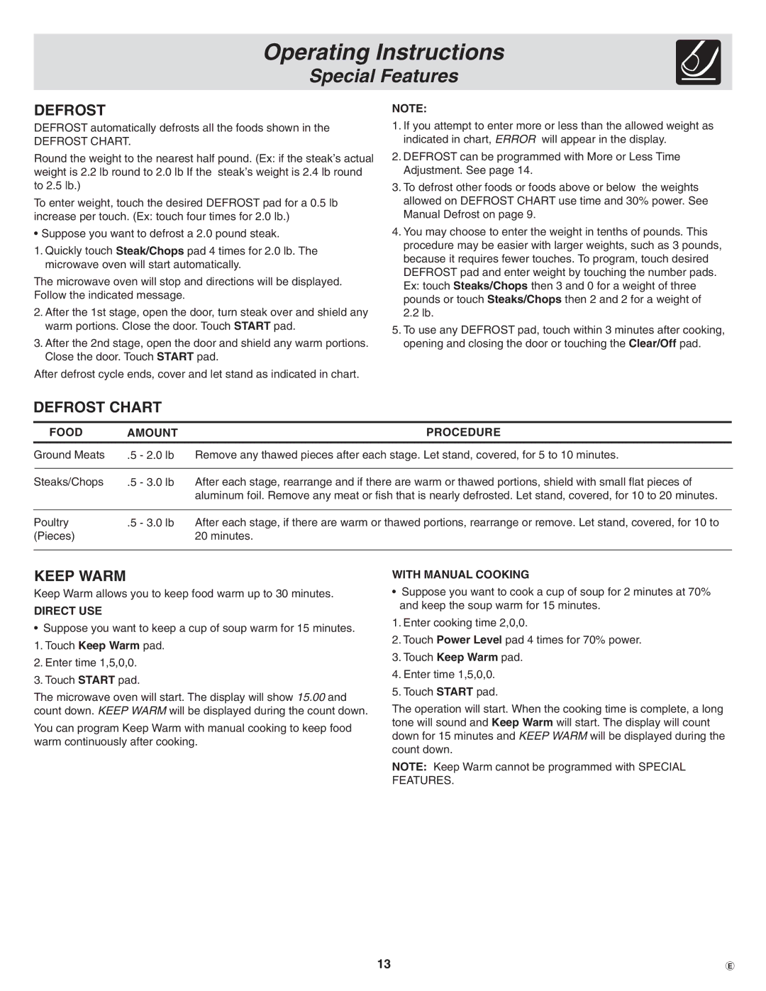 Frigidaire GLMB209, PLMBZ209, CPLMZ209 Defrost Chart, Keep Warm, Direct Use, With Manual Cooking 