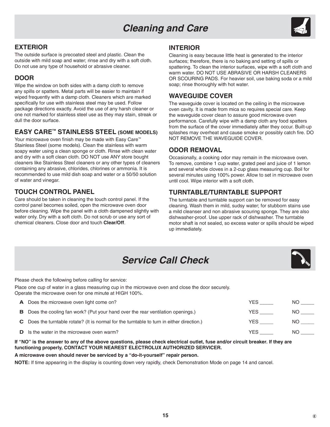 Frigidaire PLMBZ209, GLMB209, CPLMZ209 important safety instructions Cleaning and Care, Service Call Check 