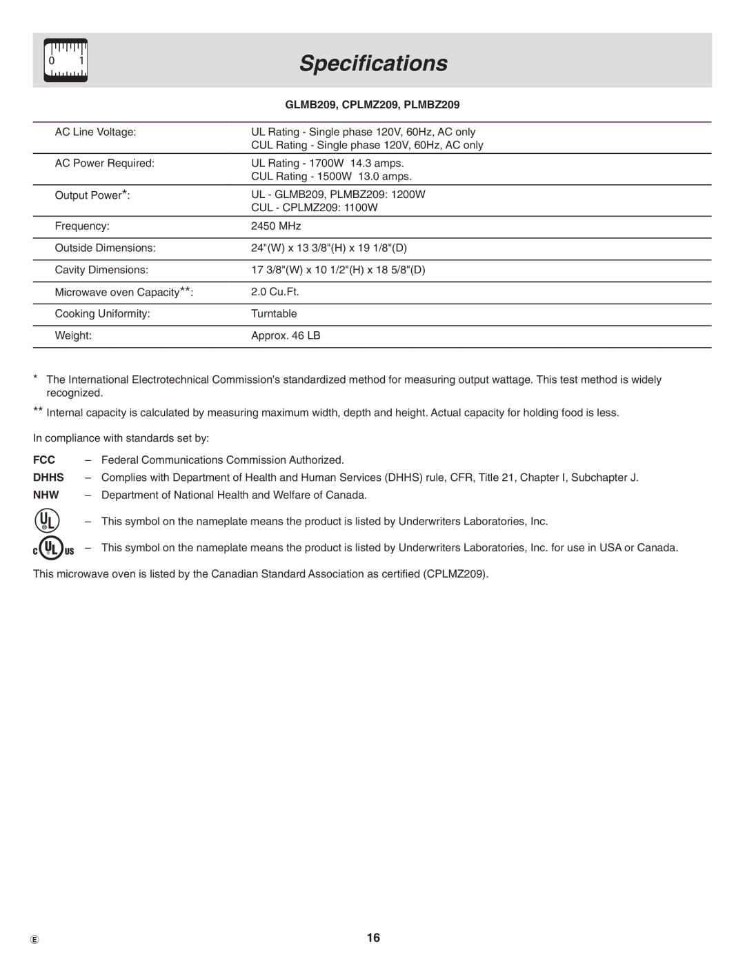 Frigidaire important safety instructions Specifications, GLMB209, CPLMZ209, PLMBZ209, Fcc, Dhhs, Nhw 