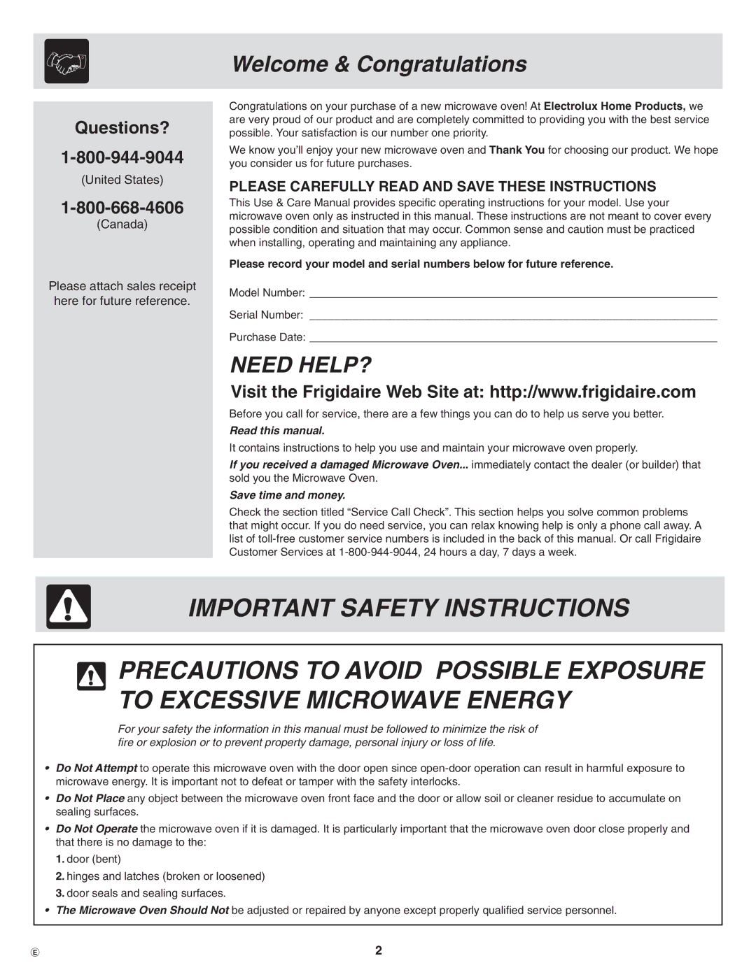 Frigidaire CPLMZ209, PLMBZ209, GLMB209 Welcome & Congratulations, Please Carefully read and save these instructions 