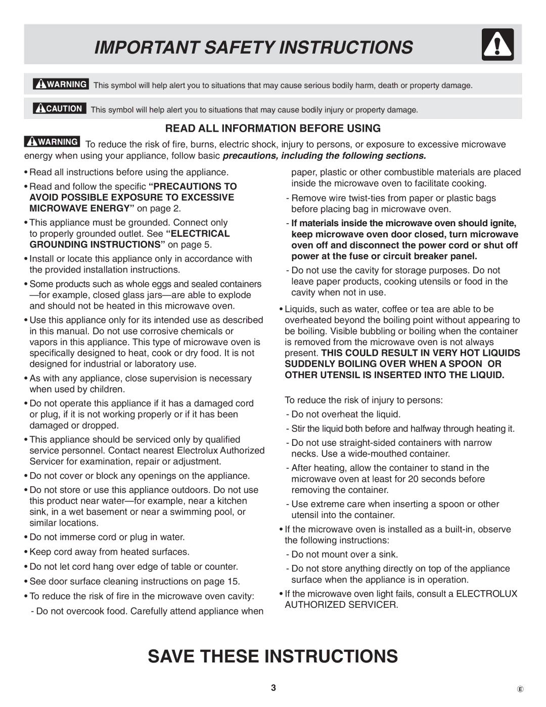 Frigidaire PLMBZ209, GLMB209 Read ALL Information Before Using, Avoid Possible Exposure to Excessive Microwave Energy on 