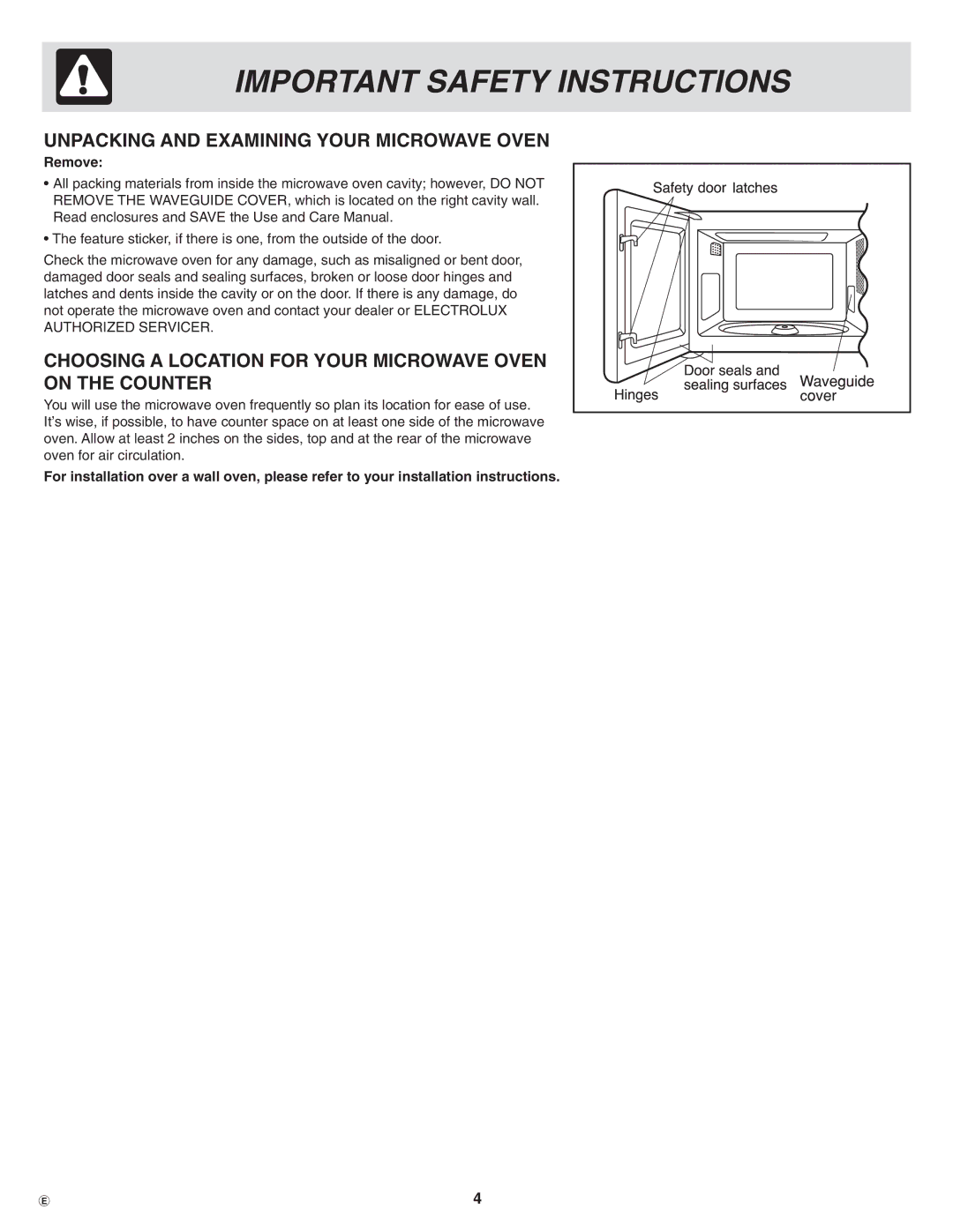 Frigidaire GLMB209 Unpacking and Examining Your Microwave oven, Choosing a Location for Your Microwave oven on the counter 