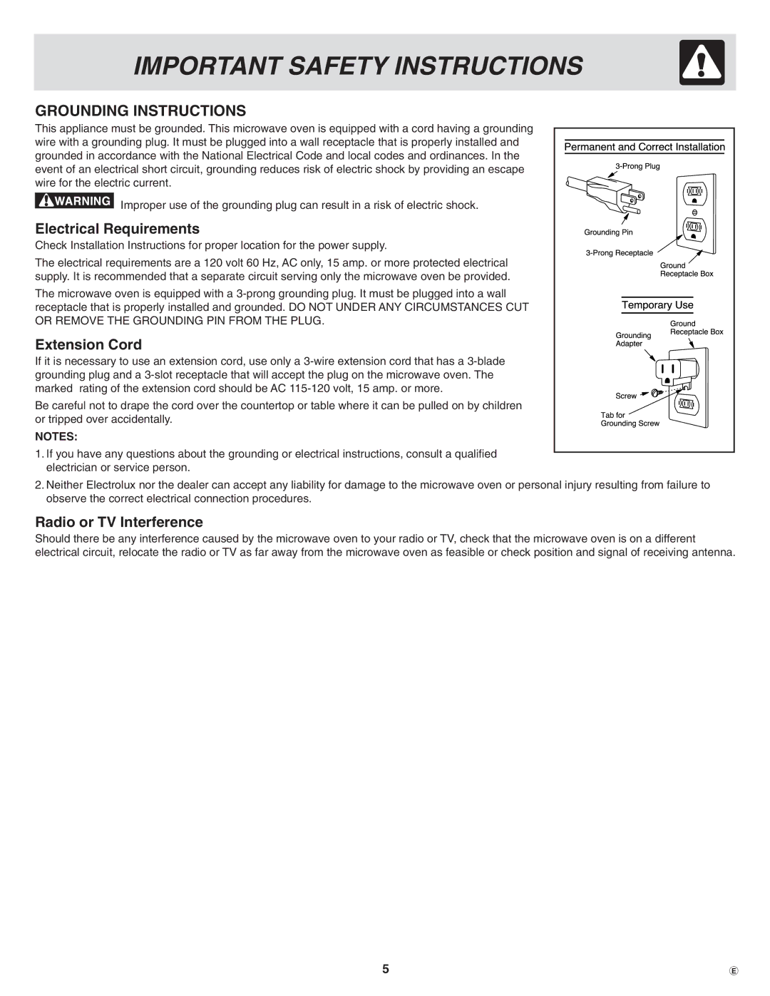 Frigidaire CPLMZ209, PLMBZ209 Grounding Instructions, Electrical Requirements, Extension Cord, Radio or TV Interference 