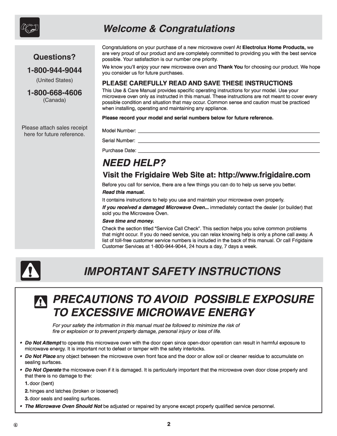 Frigidaire CPLMZ209 Important Safety Instructions, Precautions To Avoid Possible Exposure To Excessive Microwave Energy 