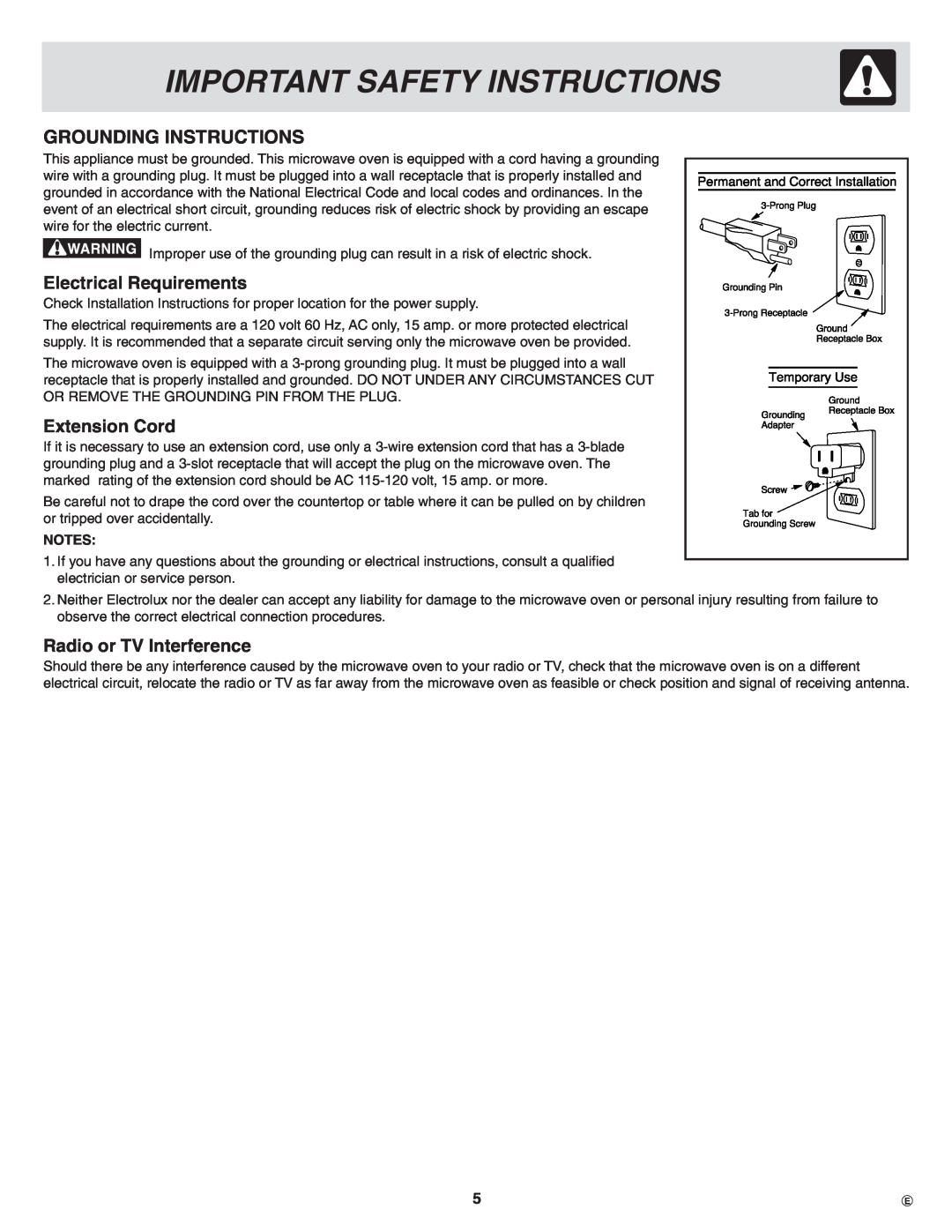 Frigidaire CPLMZ209, PLMBZ209 Grounding Instructions, Electrical Requirements, Extension Cord, Radio or TV Interference 