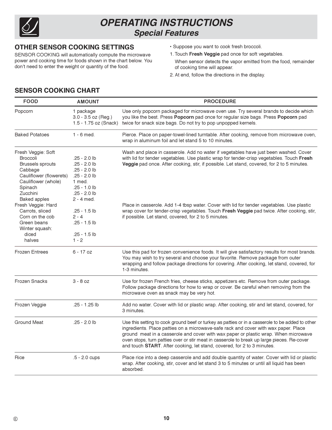 Frigidaire CGLMV169, PLMVZ169, CPLMZ169 important safety instructions Other Sensor Cooking Settings, Sensor Cooking Chart 