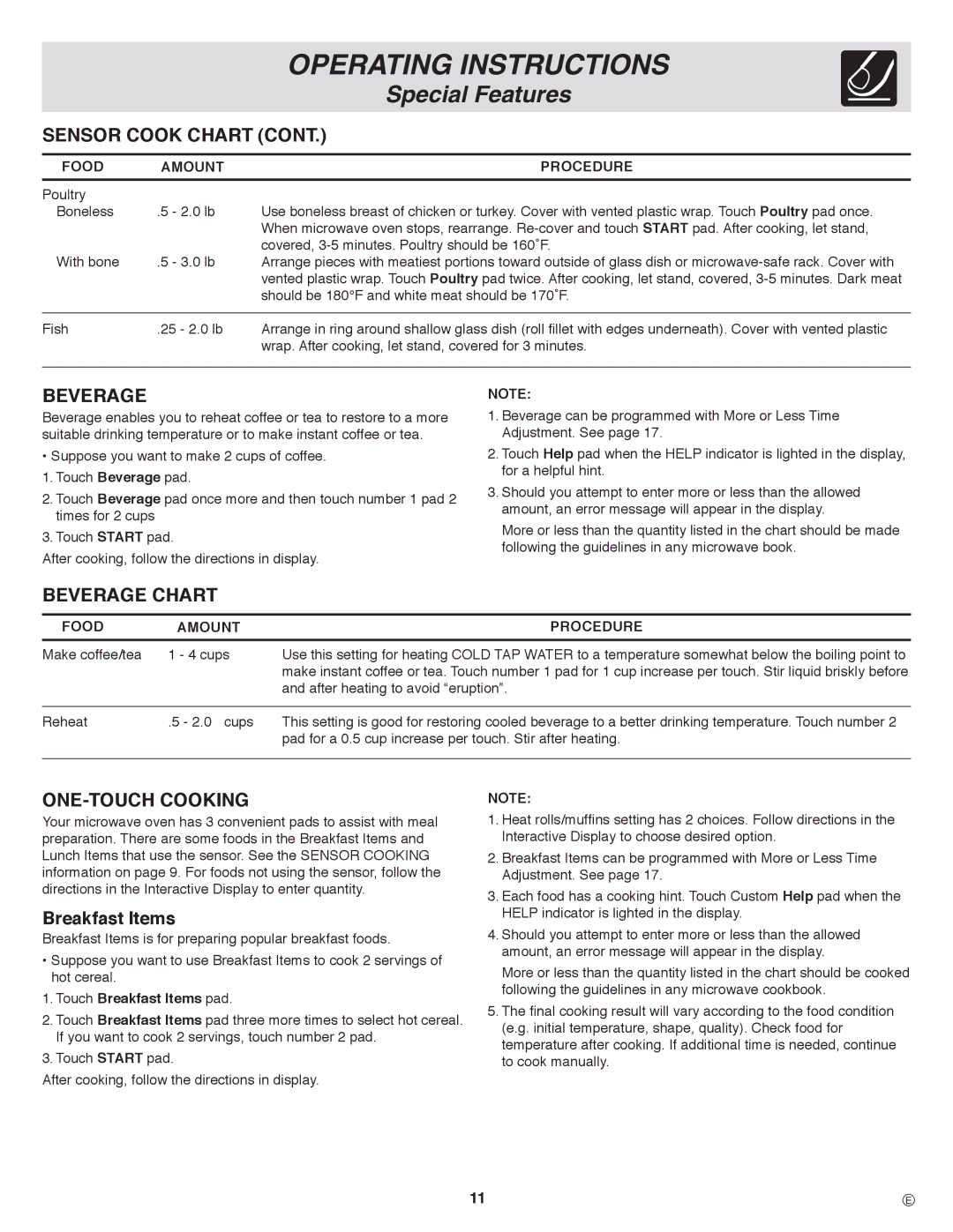 Frigidaire CPLMZ169, PLMVZ169, CGLMV169 Sensor Cook Chart, Beverage Chart, ONE-TOUCH Cooking, Breakfast Items 