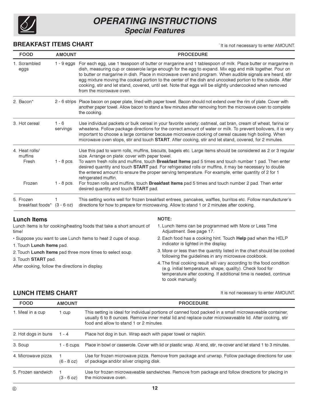 Frigidaire PLMVZ169, GLMV169 Breakfast Items Chart, Lunch Items Chart, It is not necessary to enter Amount, Scrambled Eggs 