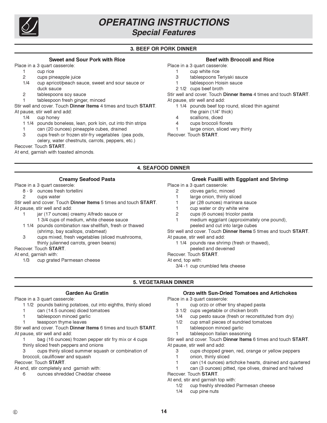 Frigidaire CGLMV169, PLMVZ169, CPLMZ169 important safety instructions Beef or Pork Dinner, Beef with Broccoli and Rice 