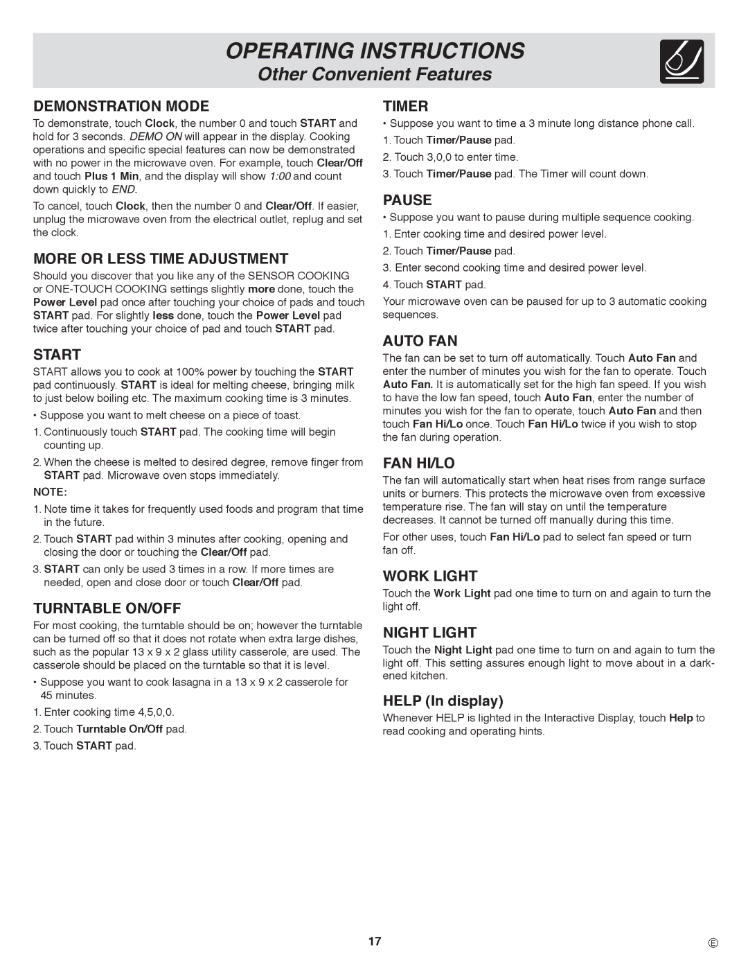 Frigidaire GLMV169 Demonstration Mode, More or Less Time Adjustment, Start, Turntable ON/OFF, Timer, Pause, Auto FAN 