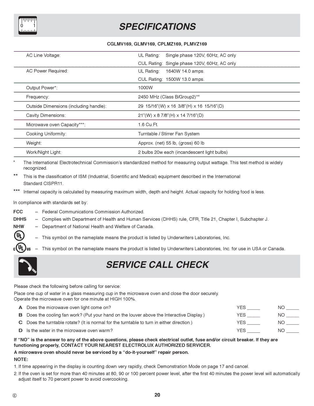 Frigidaire PLMVZ169, CGLMV169, CPLMZ169 important safety instructions Specifications, Service Call Check 