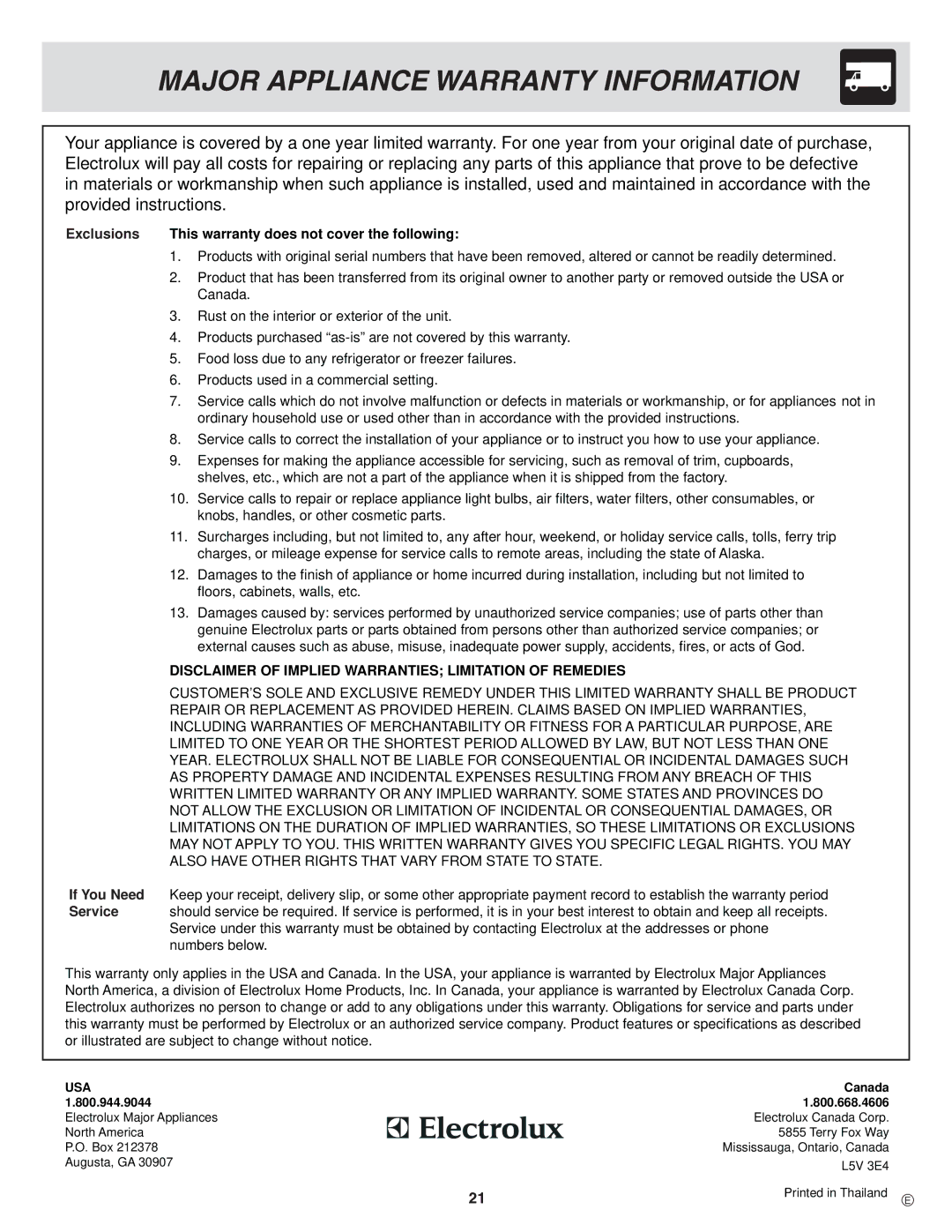 Frigidaire PLMVZ169, CGLMV169, CPLMZ169 important safety instructions Major Appliance Warranty Information, Exclusions 