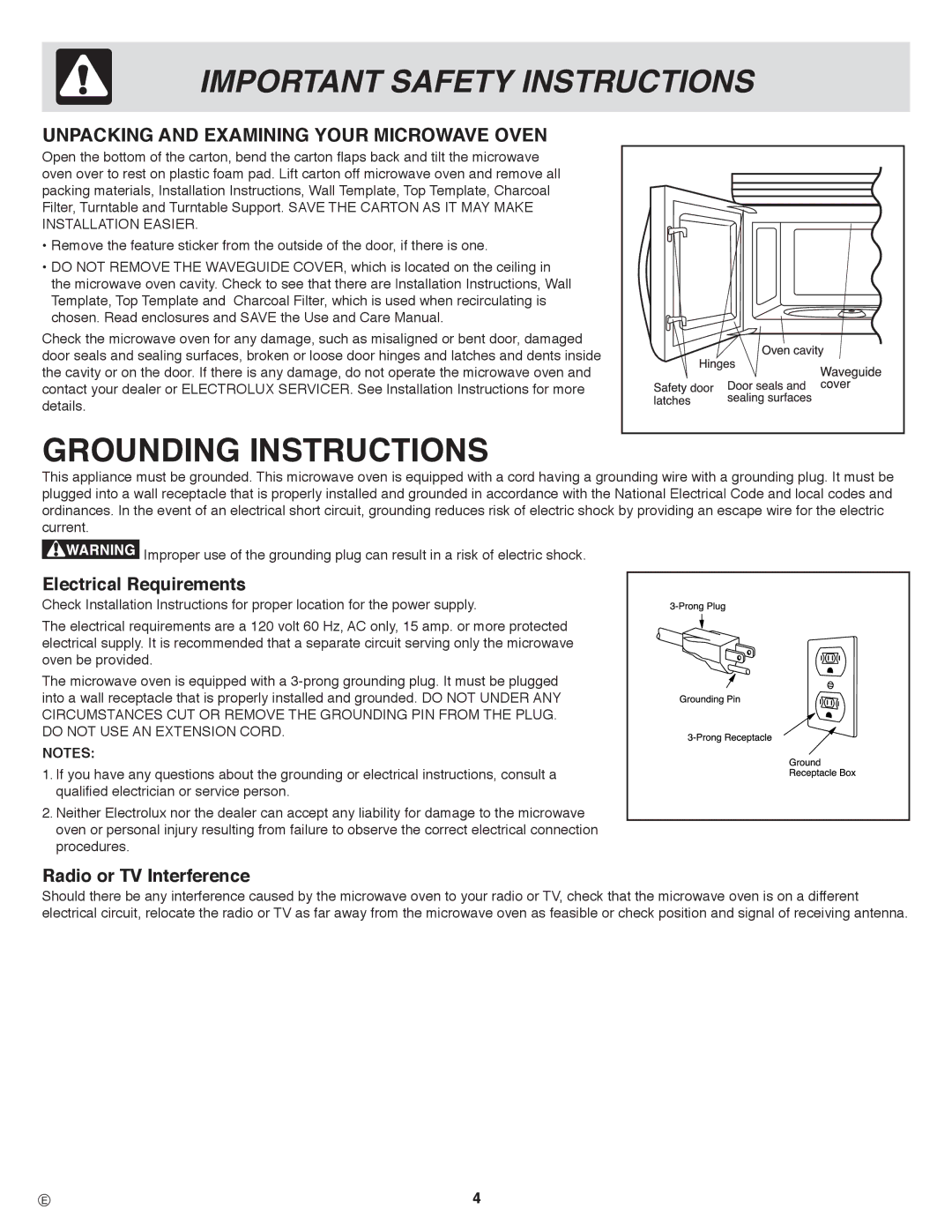 Frigidaire PLMVZ169 Unpacking and Examining Your Microwave Oven, Electrical Requirements, Radio or TV Interference 