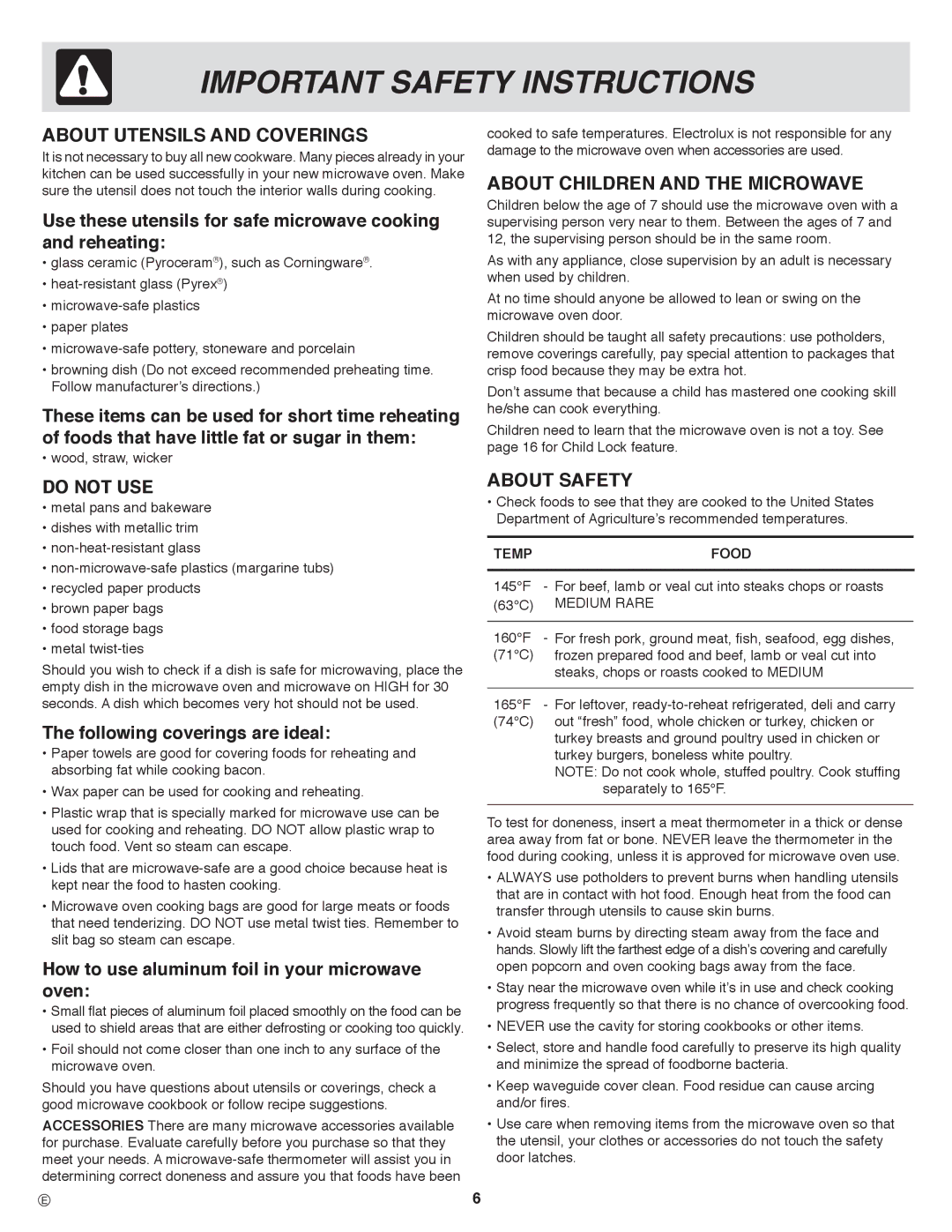 Frigidaire CGLMV169, PLMVZ169, CPLMZ169 About Utensils and Coverings, About Children and the Microwave, About Safety 