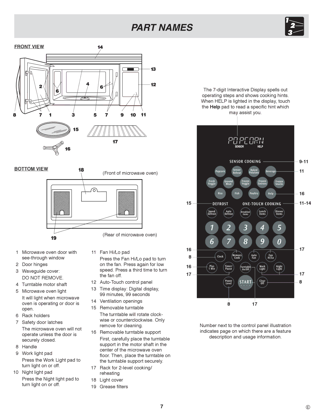 Frigidaire CPLMZ169, PLMVZ169, CGLMV169 important safety instructions Part Names, Front View Bottom View, 11-14 