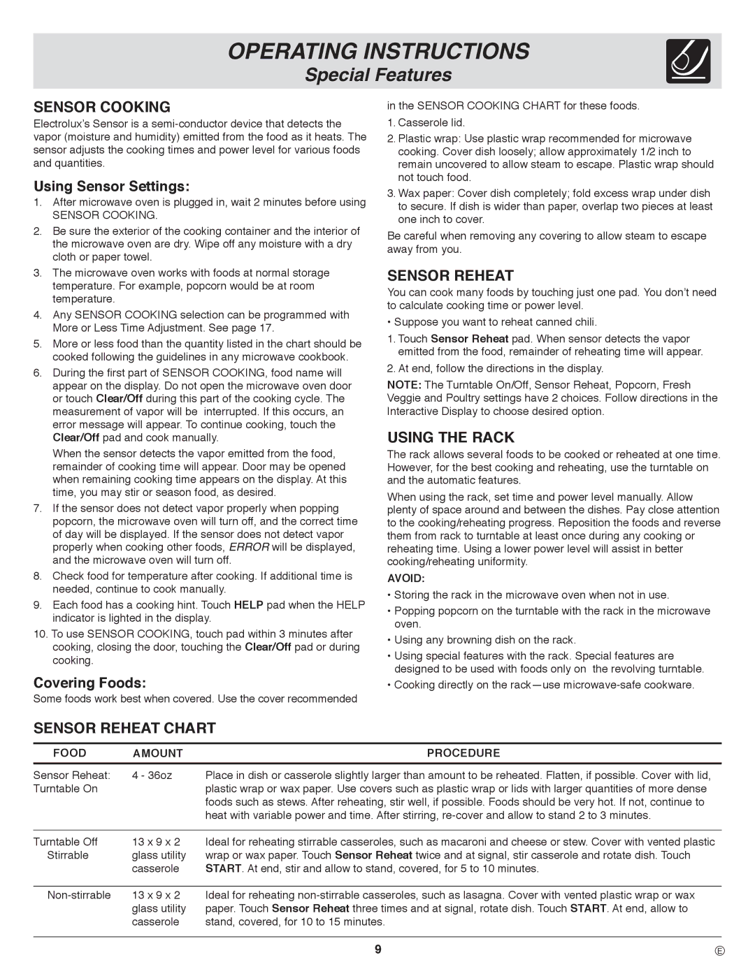 Frigidaire PLMVZ169, CGLMV169, CPLMZ169 Operating Instructions, Sensor Cooking, Using the Rack, Sensor Reheat Chart 