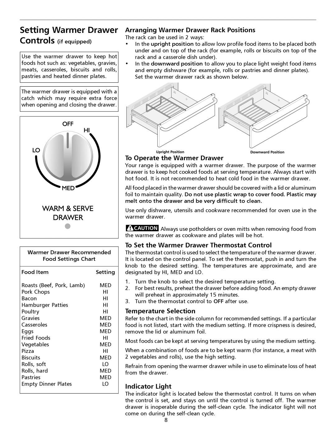 Frigidaire pmn Setting Warmer Drawer, Arranging Warmer Drawer Rack Positions, To Operate the Warmer Drawer, Food Item 
