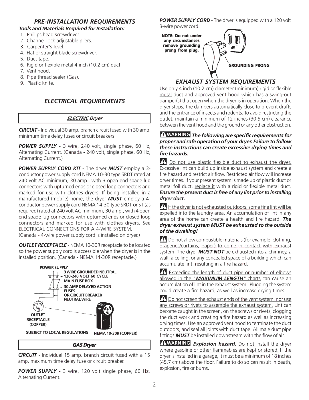 Frigidaire P/N 134296400A (0404) PRE-INSTALLATION Requirements, Electrical Requirements, Exhaust System Requirements 