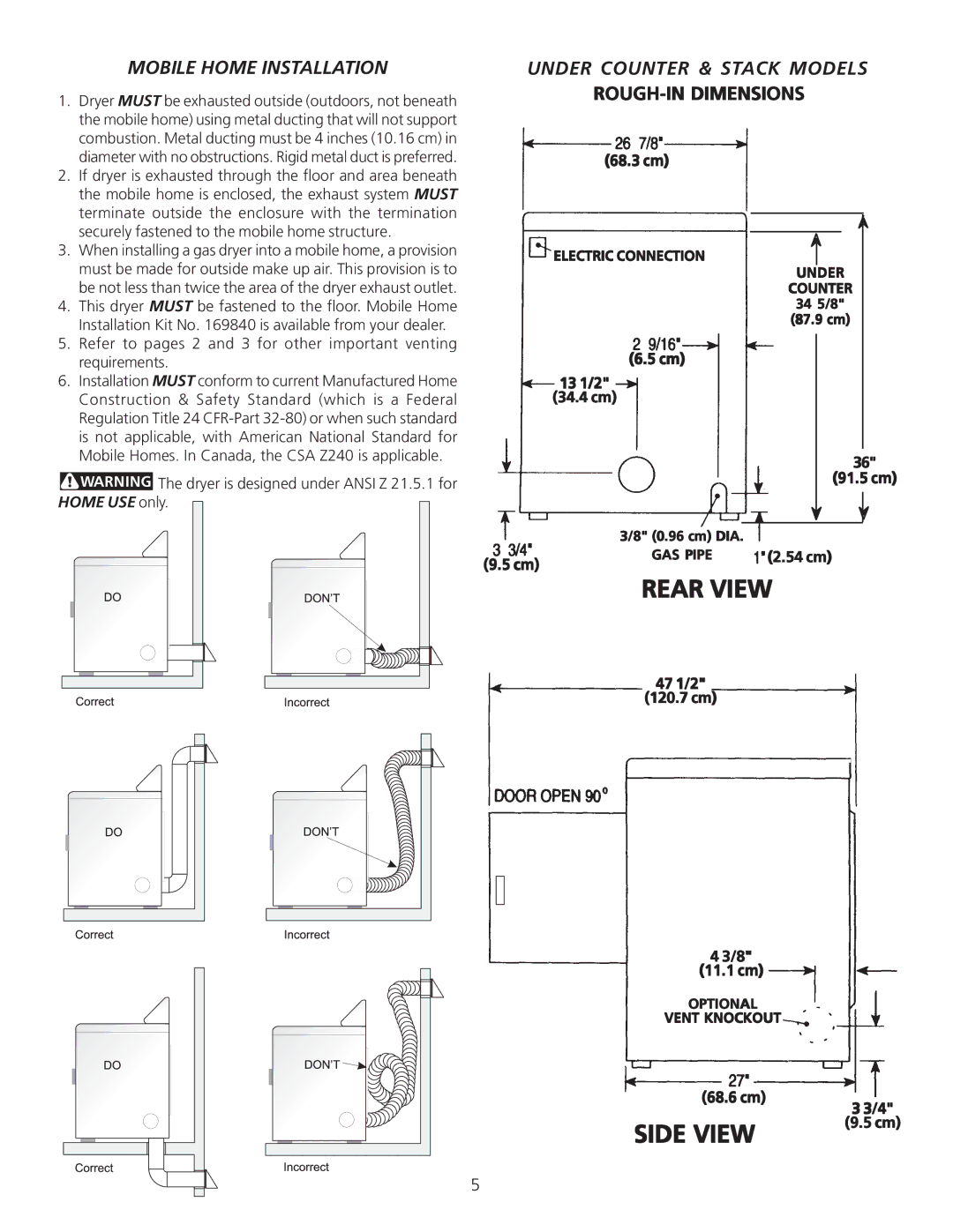 Frigidaire P/N 134296400A (0404) installation instructions Mobile Home Installation, Home USE only 